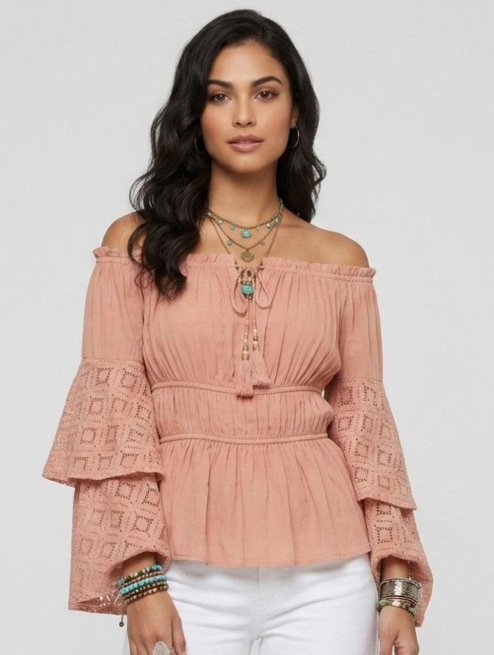 VENUS Peach Boho Off The Shoulder Top Smocked Lace Tiered Bell Sleeve Blouse M